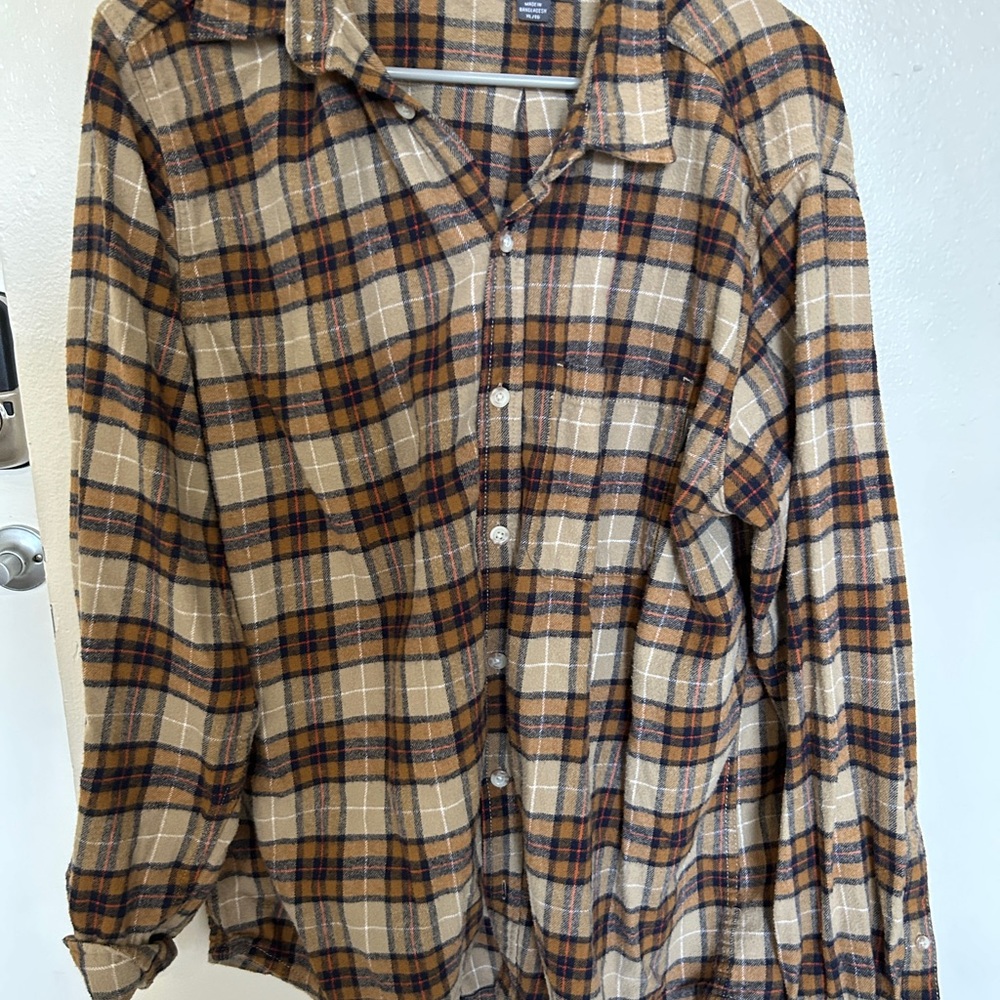 Eddie Bauer Tan and Blue Plaid Shirt